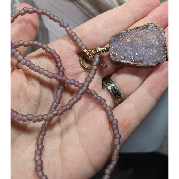 Whimsical Fairycore Purple Druzy And Frosted Glass Beaded Necklace - Picture 6 of 6